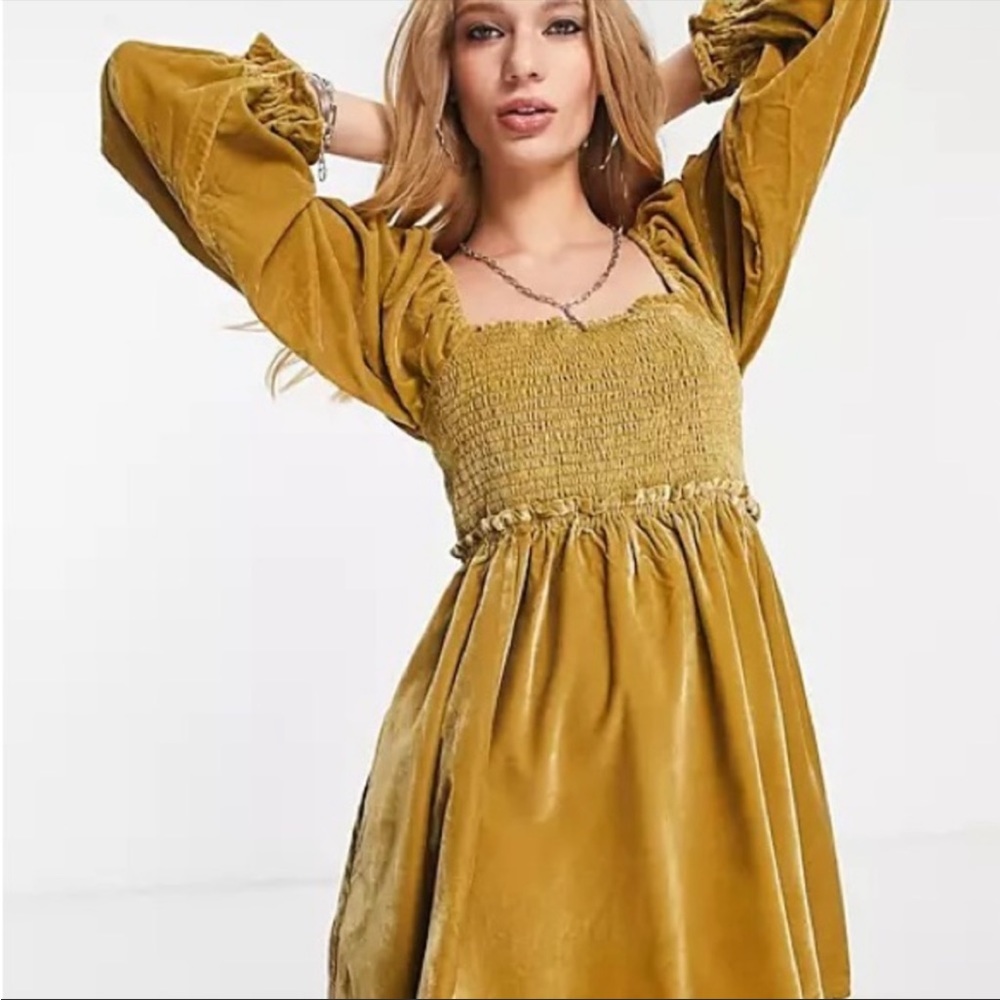 FP Daphne Poof Sleeve Deep Yellow Velvet Back Corset Dress